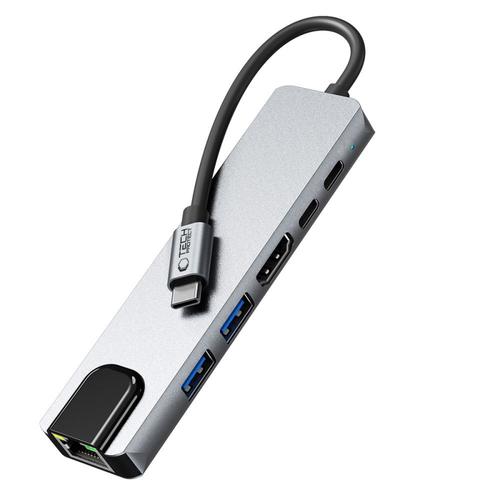 Hub USB-C Tech-Protect HB02, 1 x USB-A, 1 x USB-A 3.0, 2 x USB-C, 1 x HDMI, 1 x RJ45 (Gri)