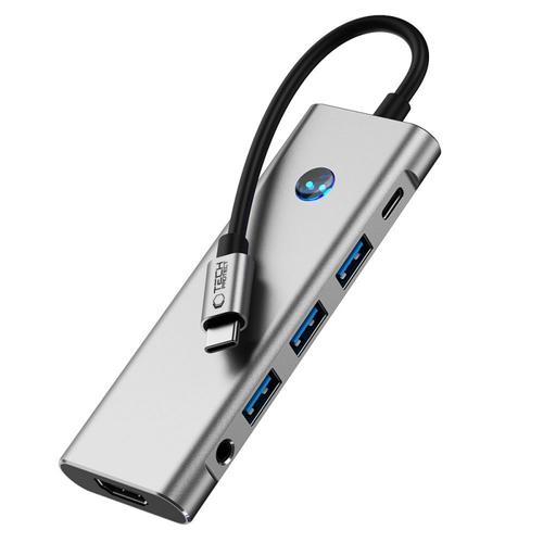Hub USB-C Tech-Protect HB04 9-in-1, 2 x USB-A, 1 x USB-A 3.0, 2 x USB-C, 1 x HDMI, 1 x SD, 1 x microSD, 1 x Jack 3.5mm (Gri)