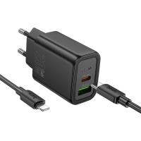 Incarcator Retea Cu Cablu USB-C HOCO N61, 20W, 3A, 1 x USB-A - 1 x USB-C (Negru)
