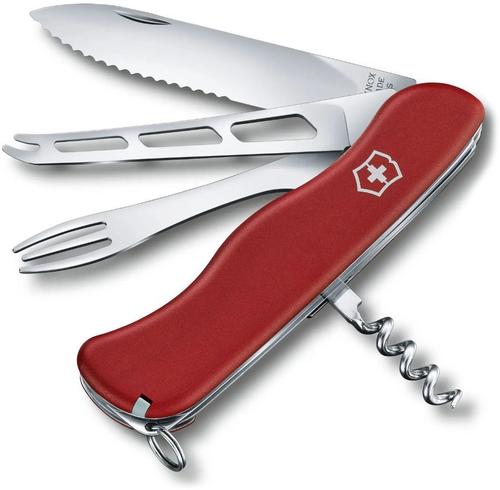 Briceag multifunctional Victorinox Cheese Master Swiss Army Knife 0.83 13.W, 8 functii, Lama ondulata, Lama branza, Furculita fondue, Deschizator sticle, Breloc, Penseta, Scobitoare (Rosu)