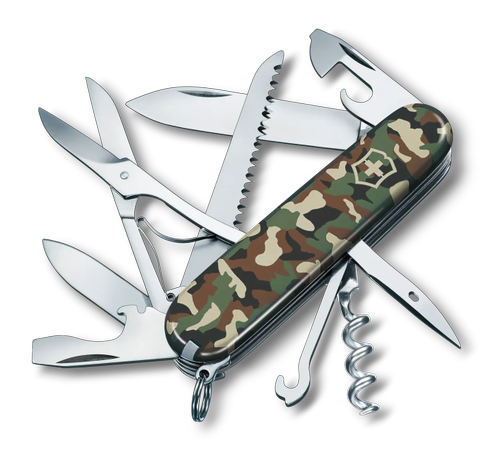 Briceag multifunctional Victorinox Huntsman Swiss Army Knife, 15 functii, Lama mica/mare, Tirbuson, Alezor, Perforator si punte de cusut, Foarfece, Ferastrau, Carlig, Breloc, Penseta, Surubelnita (Camuflaj)