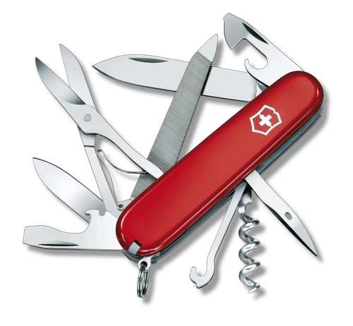 Briceag multifunctional alpinist Victorinox Mountaineer 1.3743, 18 functii, 2 lame, Tirbuson, 2 Surubelnite, Dezizolator, Foarfece, Pila, Ferastrau metalic, Carlig, Breloc (Rosu)
