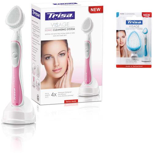 Perie de curatare faciala Trisa Visage Acumulator Pink Cod 678333 + 664855, 22.000 de misacari sonice (vibratii sonice), fabricata in Elvetia, Rezerva Pure Cleansing
