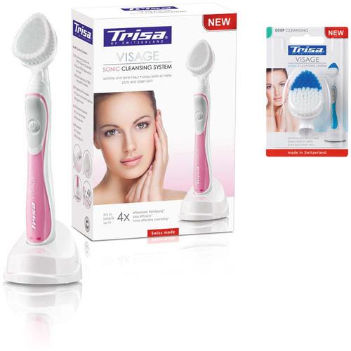 Perie de curatare faciala Trisa Visage Acumulator Pink Cod 678333 + 667129, 22.000 de misacari sonice (vibratii sonice), fabricata in Elvetia, Rezerva Deep Cleansing