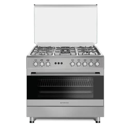 Aragaz Prato Inox Studio Casa, 5 zone de gatit, Gaz, Wok, Cuptor gaz,  Rotisor, Timer mecanic, Grill electric, Gratar fonta,  Aprindere electrica, Clasa energetica A, Inox, dubla ventilatie coacere, 90 cm (Inox) - 0 | YEO