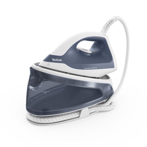Statie de calcat Tefal Express Optimal SV4110E0, 2200 W, 1.2 litri, jet de abur 190 g/min, talpa Xpress Glide, jet de abur vertical, presiune 5 bar, oprire automata, functie anticalcar (Alb/Albastru)