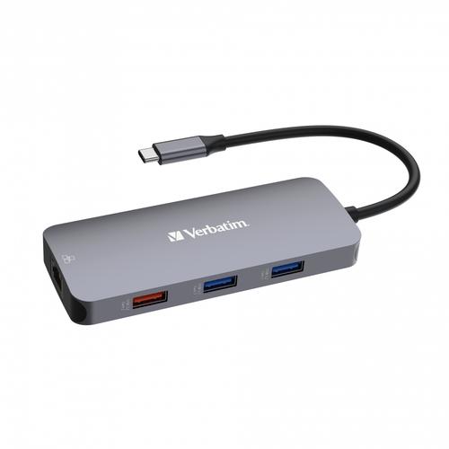 Hub USB-C Verbatim Pro CMH-09, 9 porturi: 2x USB-C 3.2 Gen 2, 1x USB-A 3.2 Gen 2, 2x USB-A 3.2 Gen 1, 1x HDMI 4K@60Hz, 1x RJ45 Gigabit Ethernet, 1x slot SD, 1x slot microSD (Gri)