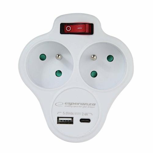 Adaptor dublu stecher Esperanza ELK311W, switch ON/OFF cu incarcator, USB-C/USB-A (Alb)