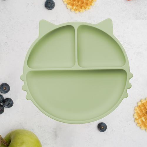 Farfurie compartimentata din silicon cu ventuza AppeKids Kitty Raw Green, 6 luni+