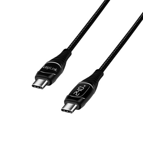Cablu alimentare si date LOGILINK CU0185,  USB Type-C (T) la USB Type-C (T), 2m, PD 240W, OLED Display, conectori placati cu nichel, Negru