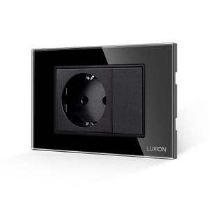 Priza Simpla si 1 Tasta Falsa cu Rama din Sticla LUXION, Standard Italian, 3M (Negru)