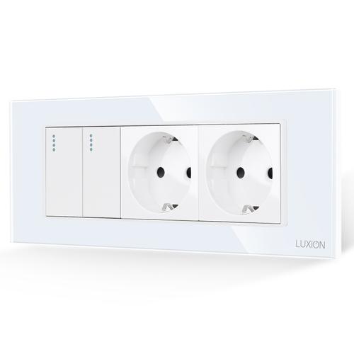 Intrerupator Dublu + 2 Prize cu Rama din Sticla LUXION, Standard Italian, 6M (Alb)
