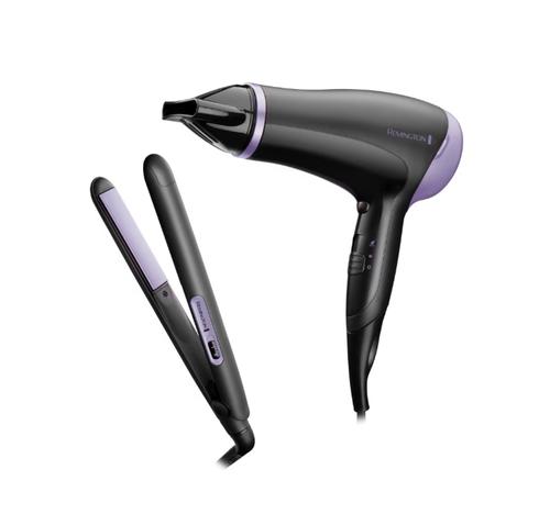 Set placa de indreptat parul, setare de temperatura inalta – 215°C, incalzire rapida – gata de utilizare in 30 de secunde, indicator de pornire LED + uscator de par Remington D3016GP, 2000 W, jet de aer rece, 3 setari de temperatura / 2 (Negru/Violet)