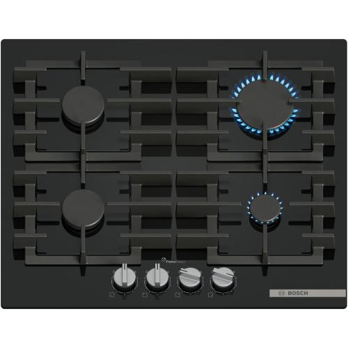 Plita incorporabila Bosch PPP6A6I40, Gaz, 4 arzatoare, Flame select, Gratar fonta, 60 cm, Sticla (Negru)