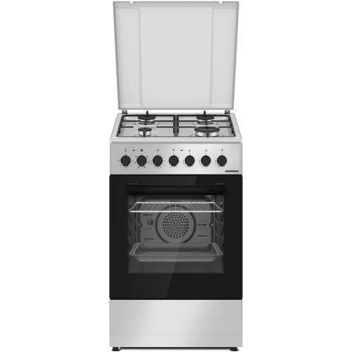 Aragaz mixt Heinner HFSC-S60LITGC-SL, 4 arzatoare, Aprindere electrica plita, Cuptor electric, Clasa A, Timer, Grill, Ventilatie, Sertar inferior vase, 50x60 cm (Argintiu)