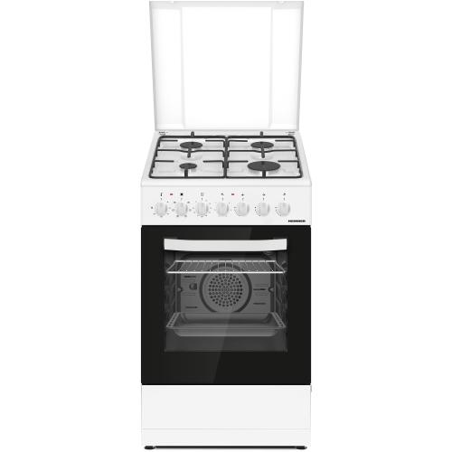 Aragaz mixt Heinner HFSC-S60LITGC-WH, 4 arzatoare, Aprindere electrica plita, cuptor electric, Clasa A, Timer, Grill, Ventilatie, Sertar inferior vase, 50x60cm (Alb)