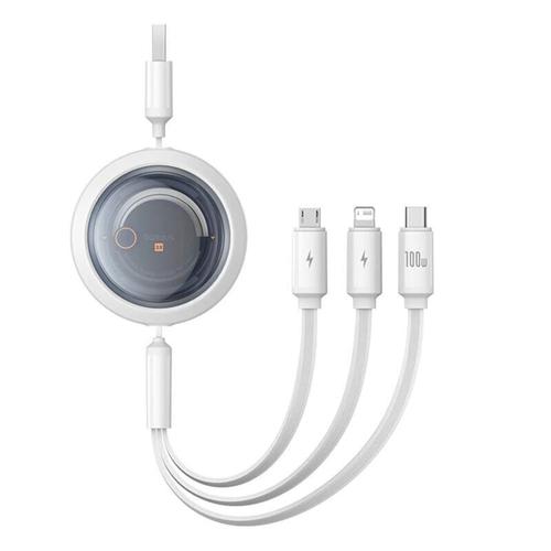 Cablu alimentare si date Baseus Free2Draw, 100 W, 1.1m, Retractabil, USB la Micro-USB+Lightning + USB Type-C (Alb)