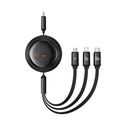 Cablu alimentare si date Baseus Free2Draw, 100 W, 1.1m, Retractabil, USB Type-C la Micro-USB+Lightning + USB Type-C (Negru)