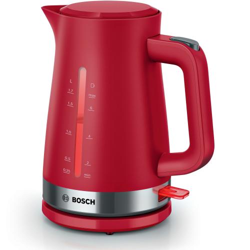 Fierbator de apa Bosch TWK4M224, 1.7l, filtru de calcar, oprire automata, protecţie împotriva supraincalzirii şi funcționarii fara apa, oprire în momentul ridicarii canii de pe suport (Rosu)