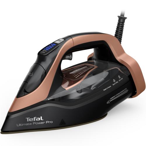 Fier de calcat cu abur Tefal Ultimate Power Pro FV9E50E0, 3200W, jet de abur 300 g/min, abur variabil 0-85 g/min, rezervor apa 350 ml, talpa Durilium AirGlide AutoClean, oprire automata,  filtru anticalcar, sistem antipicurare (Negru/Roz)