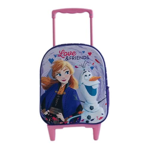 Troler 3D Frozen cu 1 compartiment mare cu fermoar, 1 buzunar lateral, 2 roti de silicon, 2 bretele reglabile, 38.5 x 28 x 13.5cm