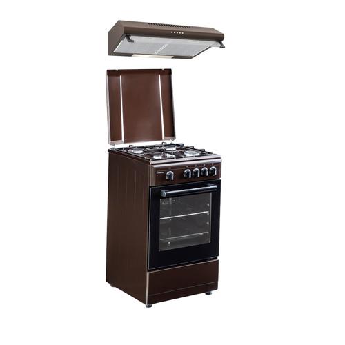 Pachet Aragaz clasic Studio Casa Viva Galaxy 4G 50/55 cm Brown si Hota clasica 2 motoare, 4 arzatoare gaz, Cuptor gaz (Maro)