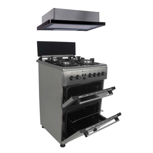 Set aragaz mixt Studio Casa Lean Duetto 60/60 cm si hota telescopica incorporabila 60 cm, 2 cuptoare, Cuptor electric si Cuptor gaz, 4 arzatoare gaz, Ventilator, Aprindere electrica (Inox/Sticla neagra)