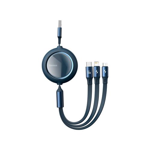 Cablu de date Baseus Bright Mirror 3 in 1 Retractabil Blue, USB la Lightning, MicroUSB si Type-c, 66W, 1.2m