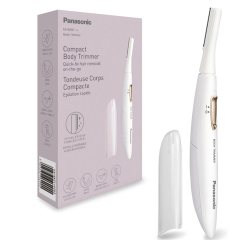 Trimmer compact si portabil pentru corp Panasonic ES-WR51-P503, cap pivotant flexibil si delicat cu pielea, lame otel inoxidabil si rotunjite pe margini (Roz/Alb)