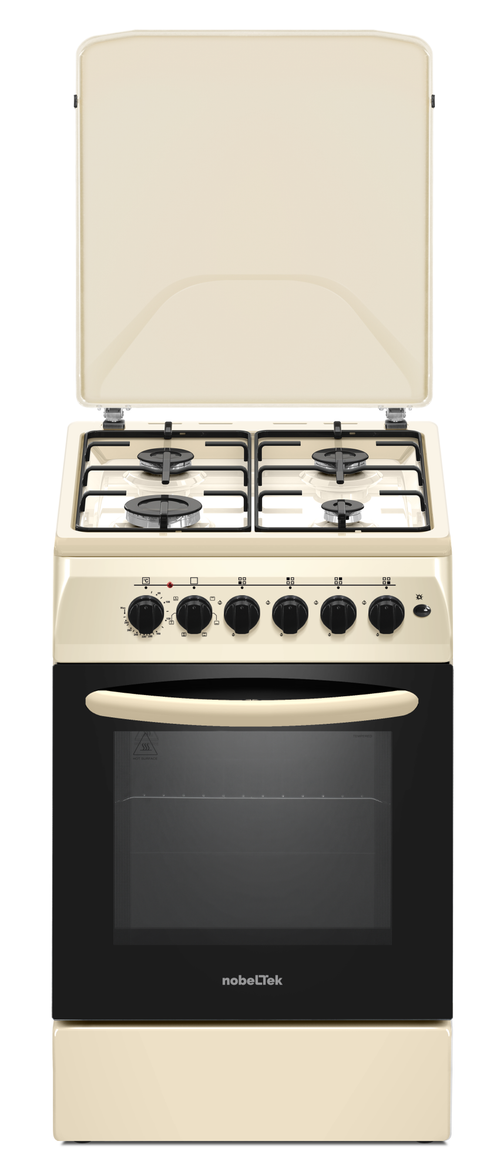 Aragaz Nobeltek NLT 5604B/E1, 50x60, plita gaz si cuptor electric, ventilator, aprindere electrica plita, siguranta plita, iluminare cuptor, echipat cu diuze GN, diuze GPL de schimb, capac tabla (Bej)