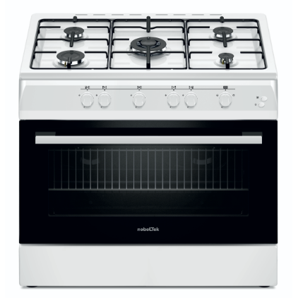 Aragaz Nobeltek NLT 6903A/G1, plta gaz cu 5 ochiuri (arzator mare triplu), cuptor gaz, aprindere electrica, grill, iluminare cuptor, echipat cu diuze GN, diuze GPL de schimb, 60x90cm (Alb)