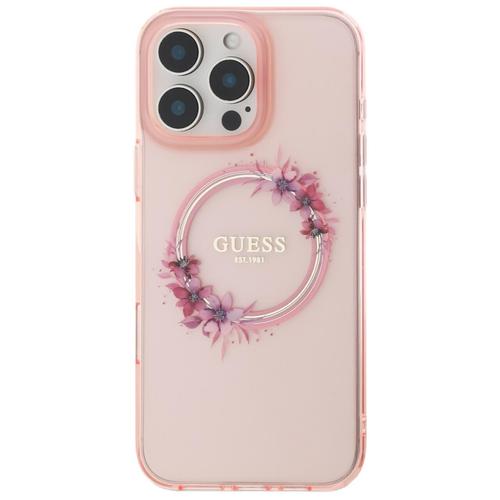 Husa Protectie Spate Guess Flowers Ring, MagSafe, pentru iPhone 16 Pro (Roz)