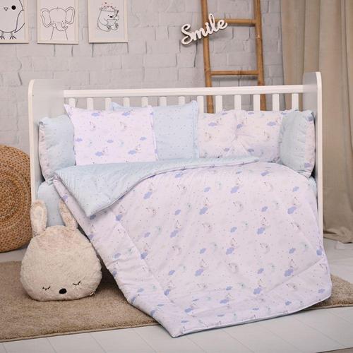 Set lenjerie pat 8 piese Lorelli Moon & Stars Blue, 70x140 cm, bumbac ranforce