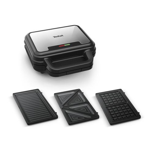 Sandwich maker Tefal UltraCompact 3 in 1 SW383D10, 700 W, placi detasabile pentru gofre, sandwich-uri si panini, invelis antiaderent (Negru/Argintiu)