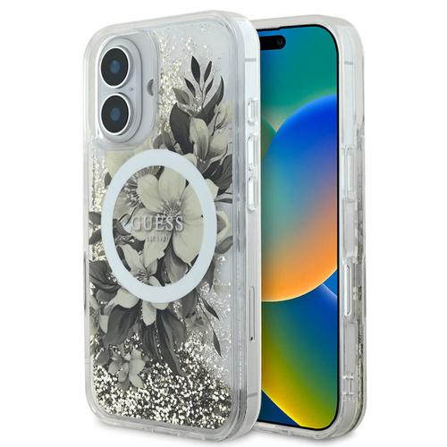 Husa MagSafe pentru Apple iPhone 16, Guess, Liquid Glitter Flower, Bej