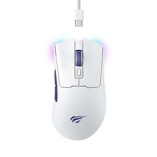 Mouse Gaming Havit MS966WB, iluminare RGB, USB, Wireless 2.4Ghz, Bluetooth (Alb/Mov)