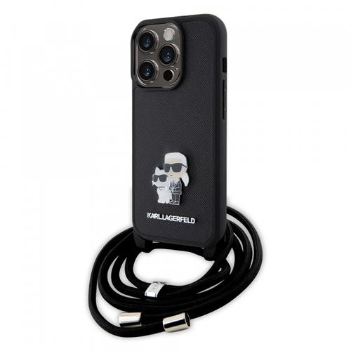 Husa pentru Apple iPhone 15 Pro, Karl Lagerfeld, Saffiano Crossbody Metal Pin Karl & Choupette, Neagra