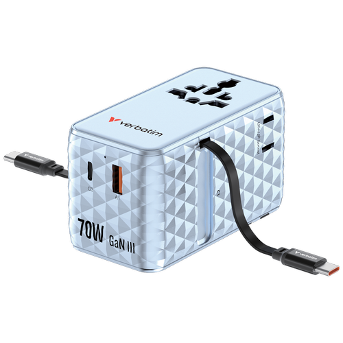 Incarcator retea Verbatim Charge \'n\' Travel GaN, 70 W, 2 cabluri retractabile, 3 x USB-C, USB-A (Albastru)