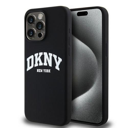 Husa MagSafe pentru Apple iPhone 15 Pro Max, DKNY, Liquid Silicone White Printed Logo, Neagra