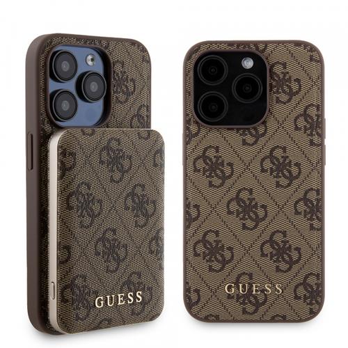 Husa MagSafe pentru Apple iPhone 15 Pro, Guess, Powerbank 4G Metal Logo, Maro