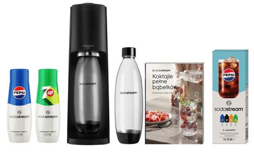 Aparat sifon SodaStream Terra, Sticla PET 1 L + Butelie CO2 + 2 Sticle Sirop Pepsi si 7UP + Cutie cu 4 mostre Pepsi, Pepsi Max, Mirinda, 7UP (Negru)