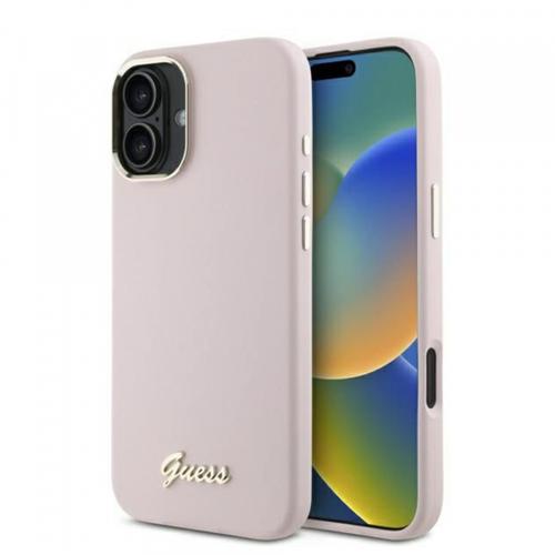 Husa pentru Apple iPhone 16 Plus, Guess, Script Metal Logo & Frame, Roz