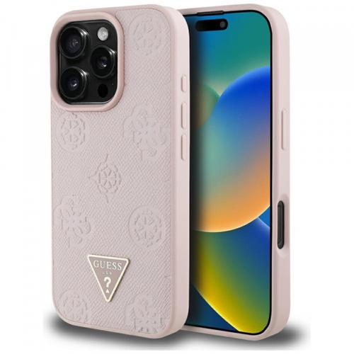 Husa MagSafe pentru Apple iPhone 16 Pro Max, Guess, Peony Grained Hot Stamp Triangle, Roz
