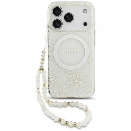 Husa MagSafe pentru Apple iPhone 17 Pro, Guess, IML Flowers Allover Electroplated with Pearl Strap, Alba