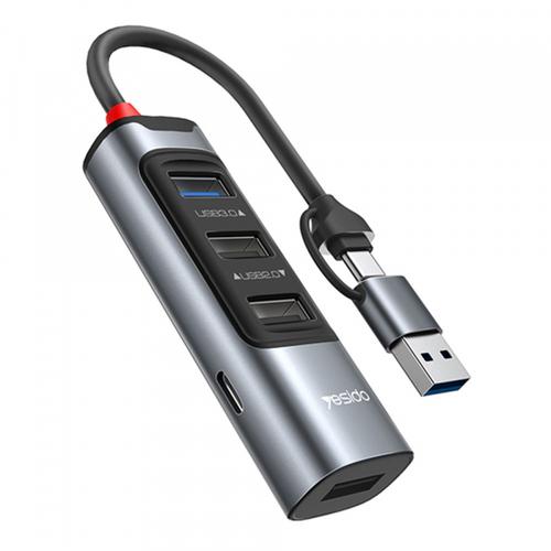 Hub USB / USB-C Yesido HB20, 5in1, 1x USB3.0, 2x USB2.0, 1x USB-A, 1x Type-C (Gri)