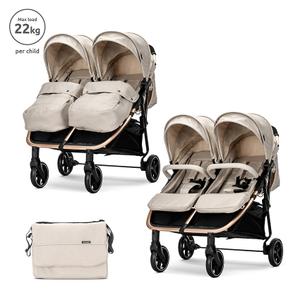 Carucior pentru gemeni Lorelli Duo, pana la 22 kg per copil, cadru din aluminiu, spatar reglabil pozitii multiple, geanta inclusa, Bej