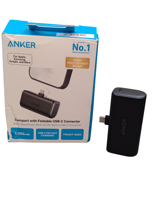 Acumulator extern Anker Nano, conector USB-C incorporat si pliabil, 5000mAh, 22.5W, Negru