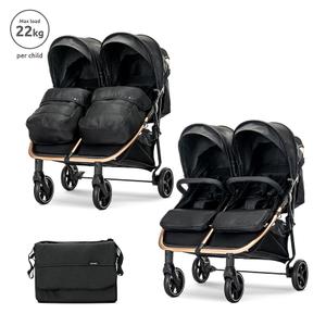 Carucior pentru gemeni Lorelli Duo, pana la 22 kg per copil, cadru din aluminiu, spatar reglabil pozitii multiple, geanta inclusa, Negru