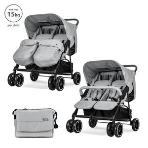 Carucior pentru gemeni Lorelli Twin, reglabil individual, pana la 15 kg per copil, geanta pentru mama inclusa, Gri