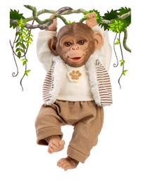 Papusa reborn maimuta Guca, 32 cm, corp din material textil, design expresiv si pietenos, cu pantalon raiat bej, tricou si hanorac, 3 ani+
